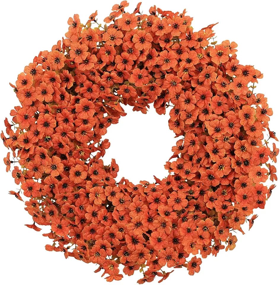 20" Orange Fall Wreath for Front Door, Artificial Mums Autumn Wreath