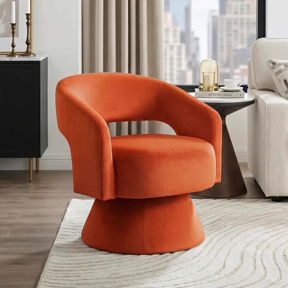Lexicon Swivel Accent Chair, Modern Velvet Round Barrel Chair, Orange