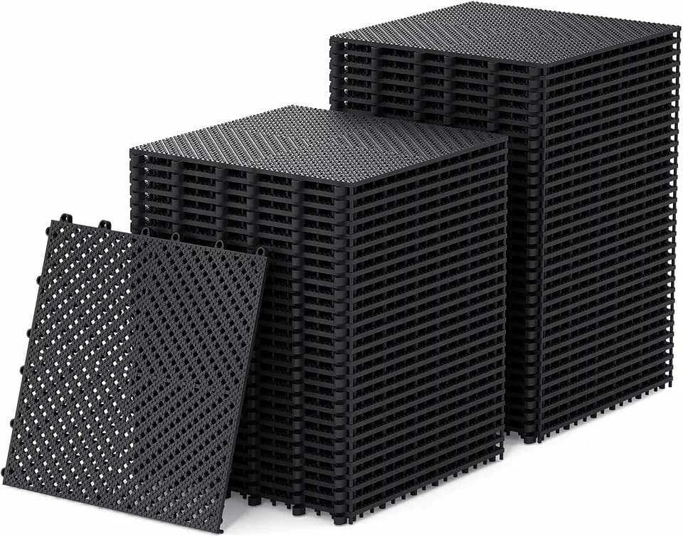 Jocoevol 60-Pcs Interlocking Tile, Indoor/Outdoor Drainage Interlocking Floor Tiles 11.8" x 11.8", Anti-Slip Waterproof Soft PVC Splicing Flooring Tile for Garage Patio Pool Bathroom, Black