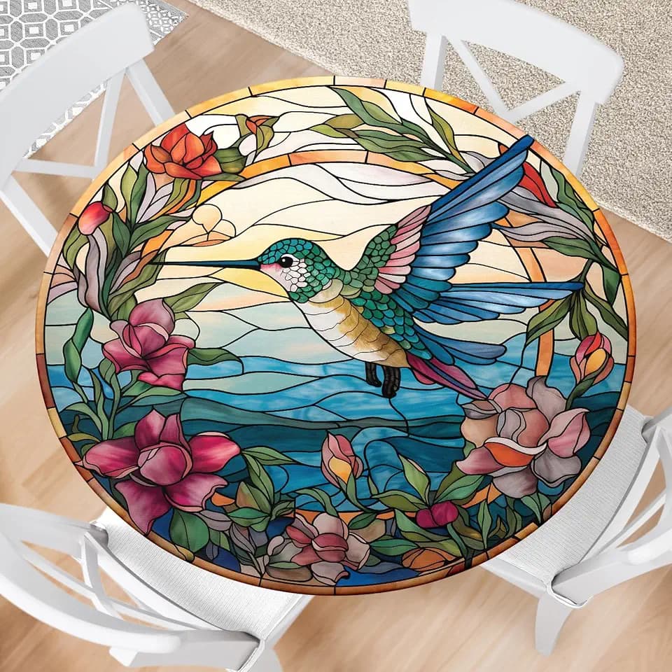 Hummingbird Round Fitted Tablecloth with Elastic Edge Floral Outdoor Tablecloth Waterproof Table Cover for Picnic Dinner Party Decor Fits 44-48" Diameter Round Tables