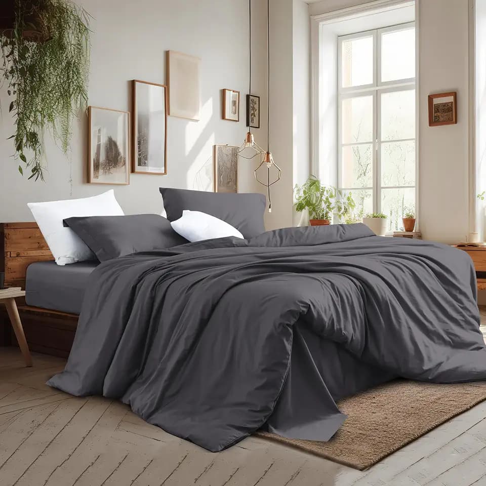 100% Cotton Duvet Cover Set Twin/Twin XL Size - 400 Thread Count Sateen Egyptian Cotton Duvet Cover, Easy Change Soft Durable Breathable Bedding, Hidden Button Closure & Corner Ties - Dark Grey