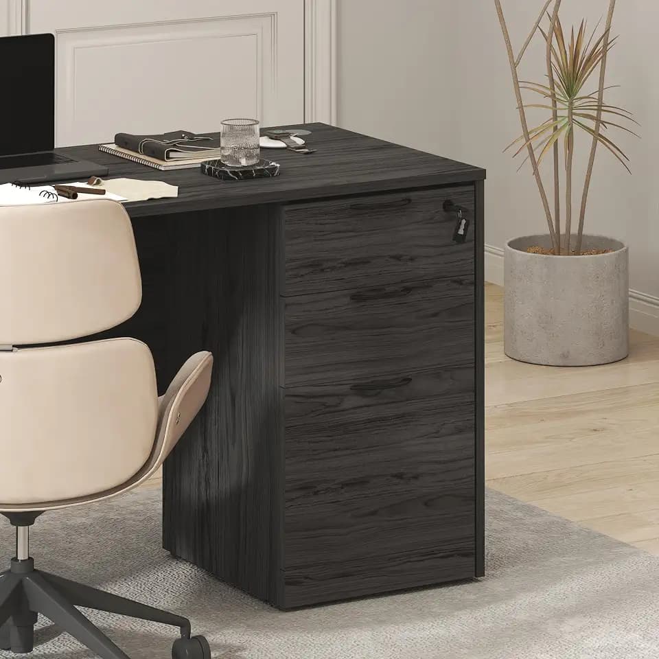 Furinno Roger File Cabinet, 3-Drawer Fixed Pedestal Filing Cabinet with Lock, Soft-Close Drawers with Drawer Organizer, for Home Office, Coastal Grey