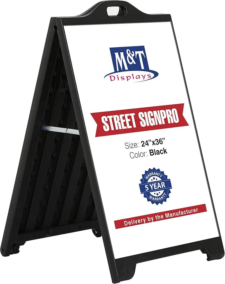 M&T Displays Street SignPro Board, Black 24x36 Inch Sandwich Board A-Frame Sidewalk Curb Sign Holder Folding Portable Double Sided Advertising Display for Restaurant Cafe