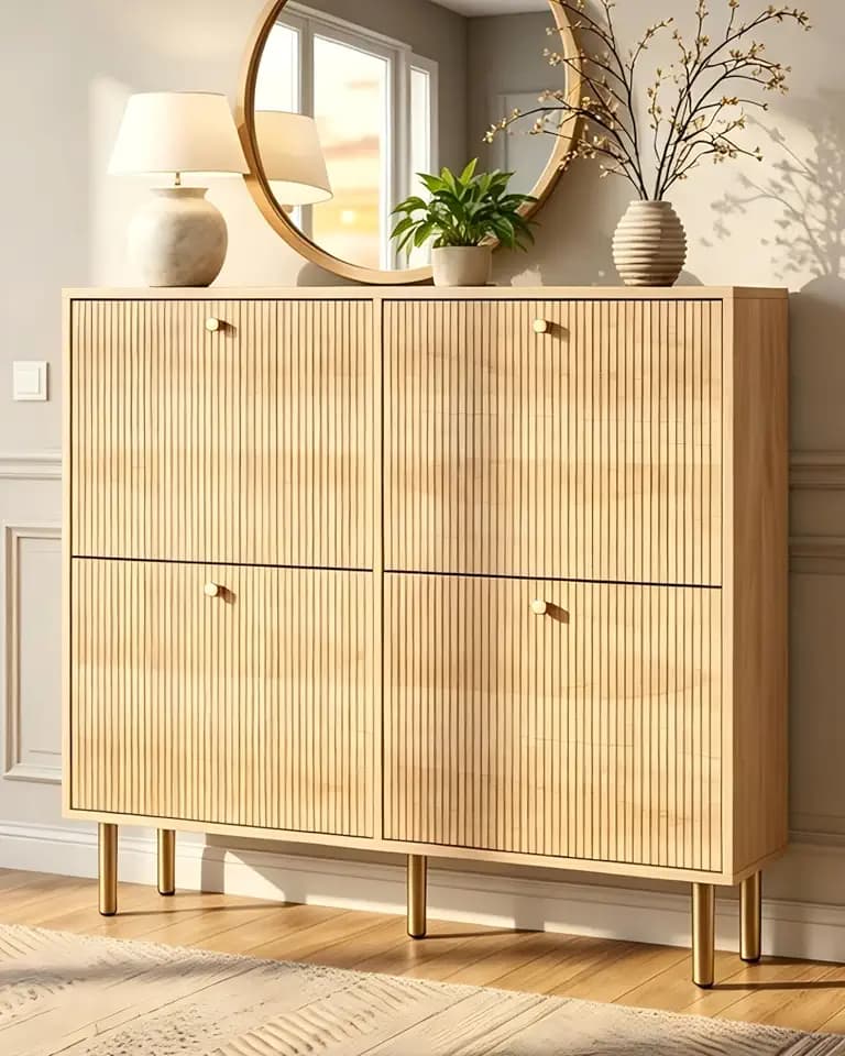 Nicetree Shoe Storage Cabinet for Entryway - Ultra Slim Shoe Cabinet with Tiered Fluted Design - Modern Shoe Organizer with Gold Legs, Hidden Shoe Rack for Small Spaces, Fits Men's Size 13.5