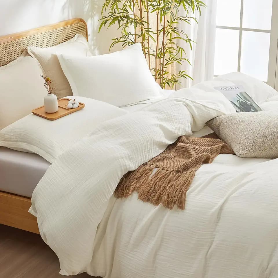 David's Home Natural Cooling Muslin Duvet Cover Set Queen Size White
