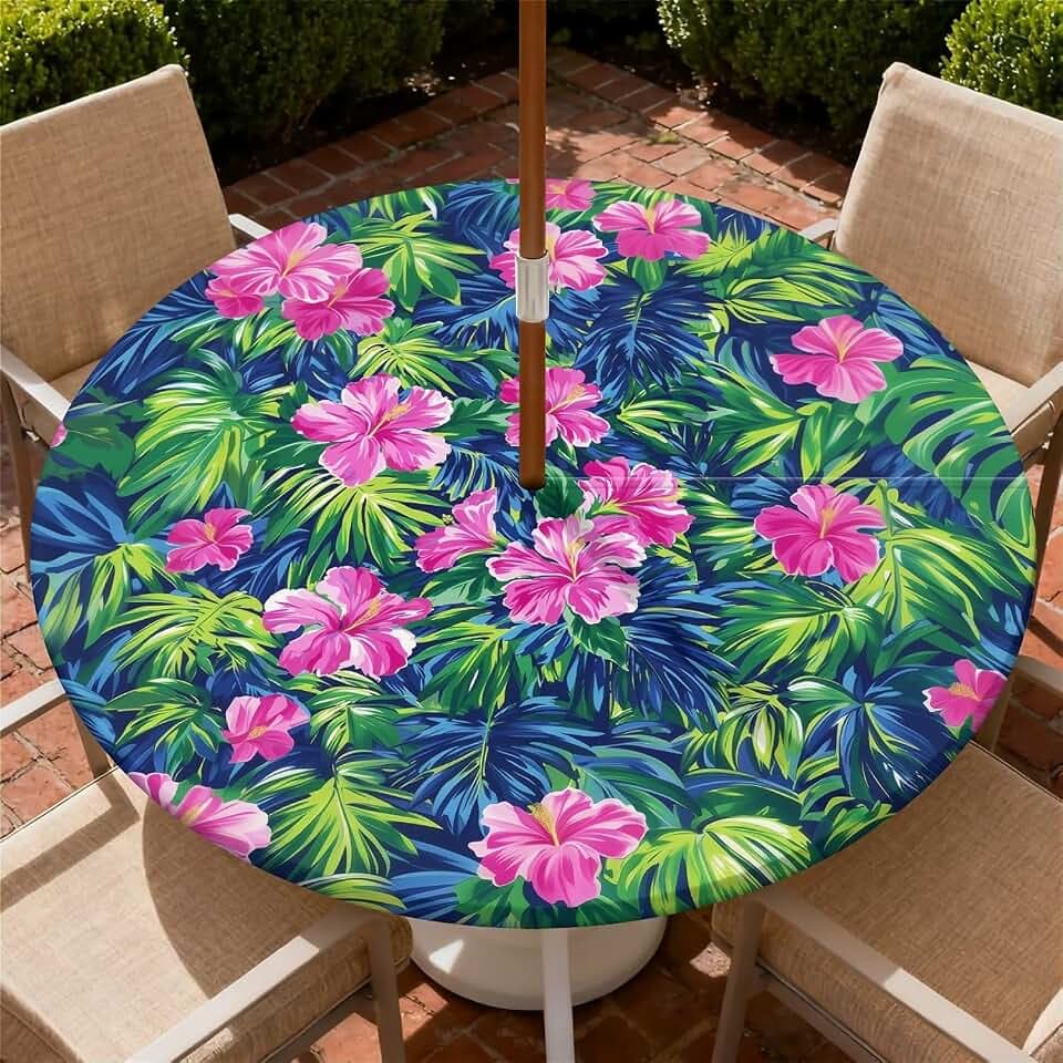 Round Outdoor Tablecloth with Umbrella Hole and Zipper, Elastic Fitted Waterproof Patio Tablecover for Garden Patio Backyard Picnic BBQ, Fits 32"-36 Round Table, Tropical Hibiscus