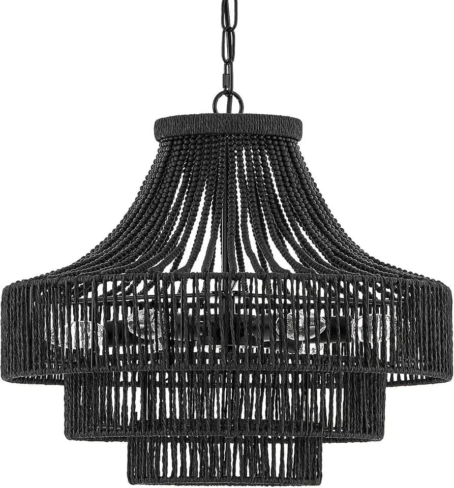 20" Black Wood Beaded Rattan Chandelier Boho Hand Woven Pendant Light for Dining Living Room Kitchen Bedroom, UL Listed