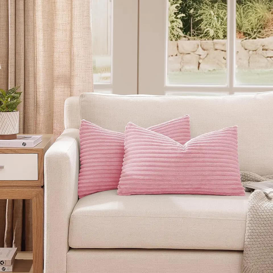 Soft Plush Textured Stripe 12x20 Pillow Cover, Black Lumbar Pillow Decorative Covers for Cushions, Rectangle Pillow Cover for Bed Sofa Décor, Washable Pillow Covers (12x20 Set of 2, Pink)