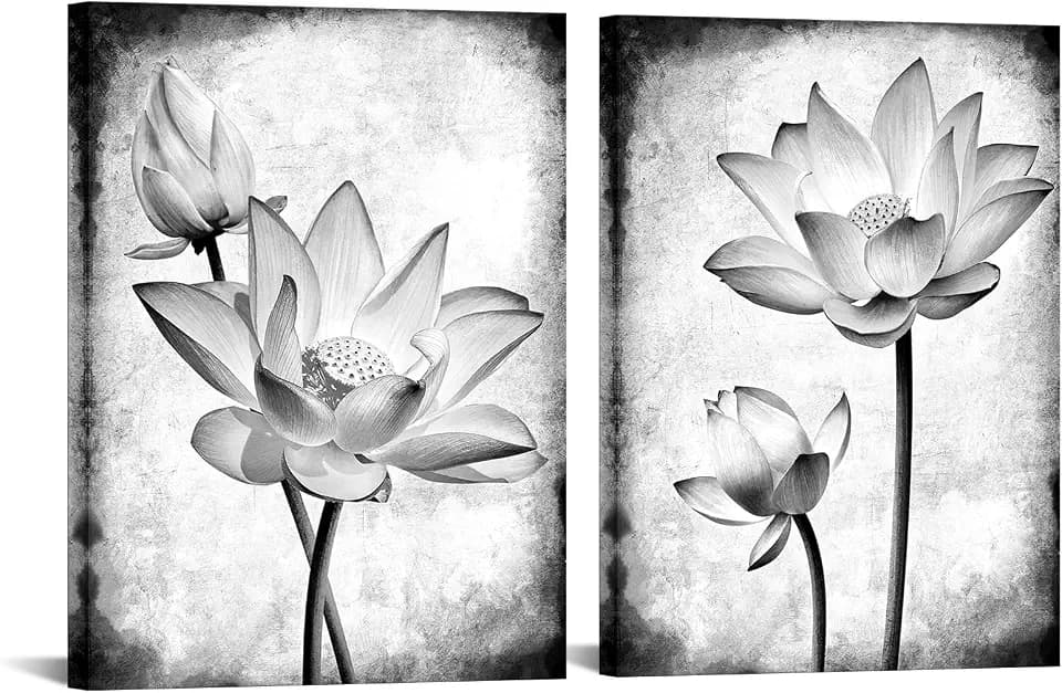 Artsbay Lotus Wall Art Black and White Flower Painting Zen Artwork for Office Living Room Bedroom 12" Wx16 Hx2pcs