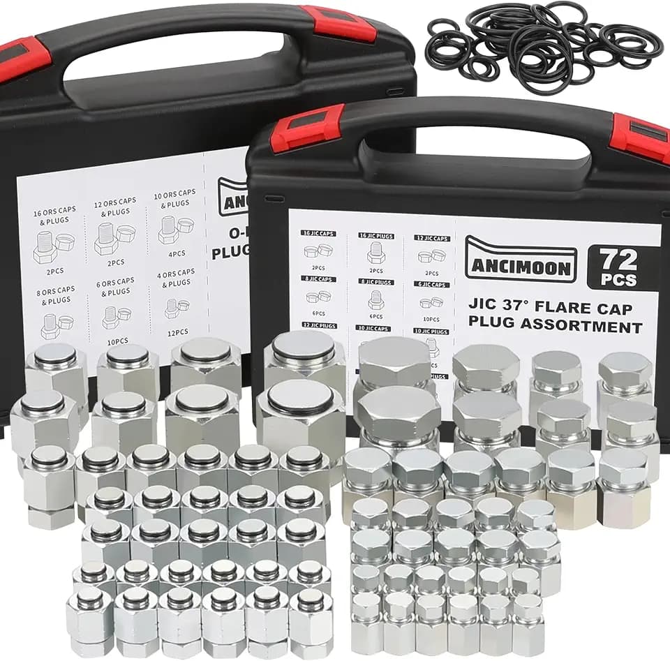 144PCS Hydraulic JIC 37 Degree and ORFS Flat Face Cap and Plug Assortment Kit, Size 4 6 8 10 12 16 for Hose Pipe Tubing, 36PCS Replacement O-Ring Seal Included