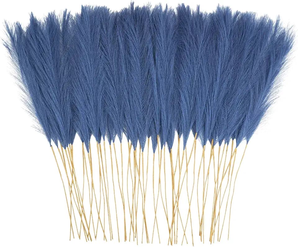obbsie 50PCS Blue Faux Pampas Grass Decor, 21.6" Fluffy Vase Filler