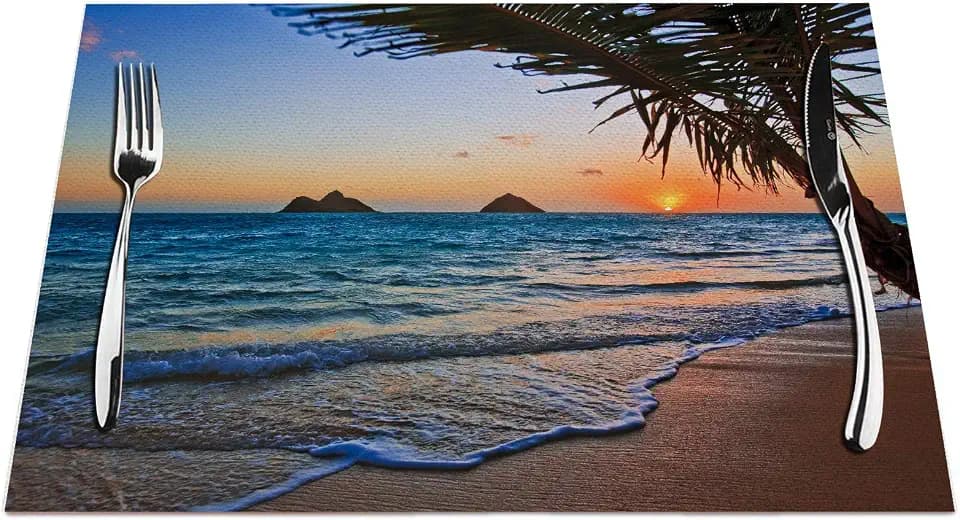 Hawaii Placemats Set of 4, Pacific Sunrise Lanikai Beach Hawaii Sky Wavy Ocean Placemats Heat Resistant for Dining Table Non-Slip 18x12 Inches