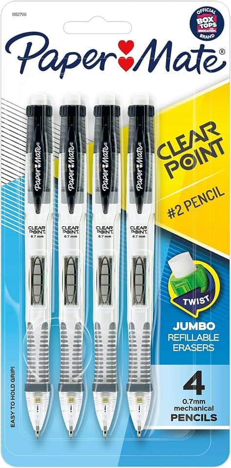 Paper Mate Clearpoint Mechanical Pencils, 0.7mm HB #2 Lead, Black Barrels, 4 Count - School Supplies, Note Taking
