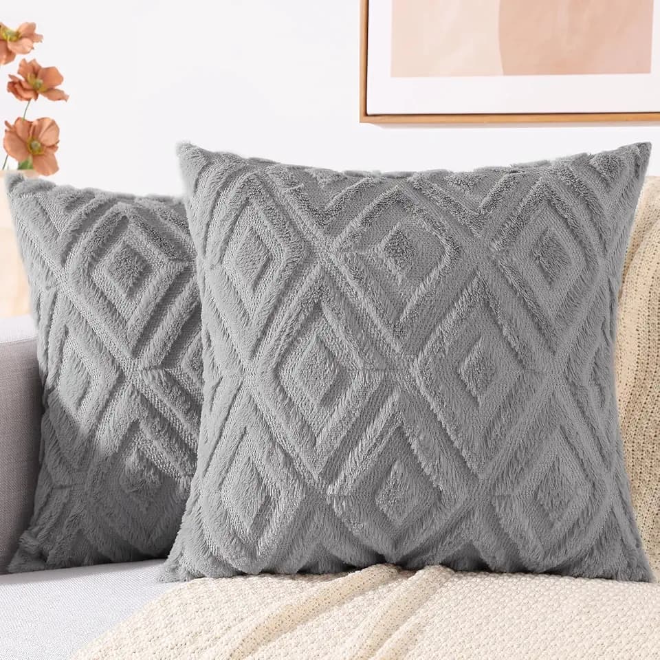 decorUhome Fall Faux Fur Grey Throw Pillow Covers 20x20 Set of 2