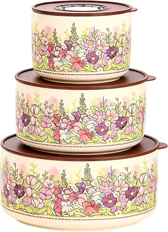 Food Storage Containers with Lids, 4"/ 5"/ 6" Nesting Bowls Set, Serving Bowls with Lids Set, Pasta Ceramic Bowls Set Decorative Bowl for Soup, Stew, Cereal, Microwave and Oven Safe (Rose)