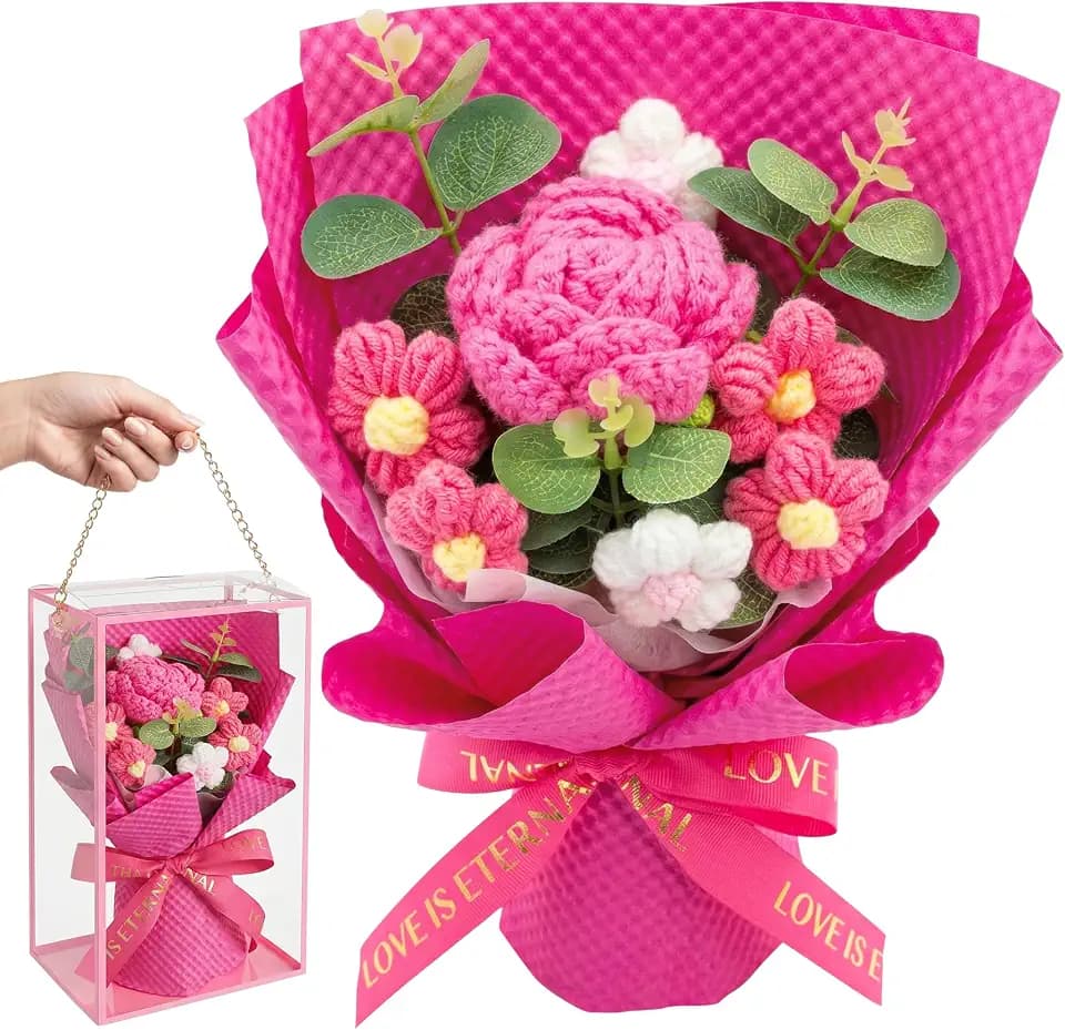 Crochet Flower Bouquet, Artificial Flowers Gifts for Women, Knitted Floral Rose, Mother’s Day Anniversary Birthday Gift for Her Wife Lover Friends, Forever Handmade Crochet Flowers Bouquet (Pink1)