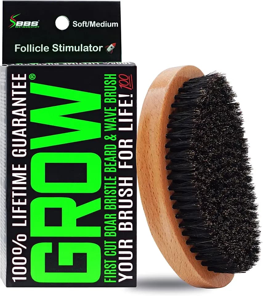 GROW Beard Brush & 360 Wave Brush for Men - Natural Boar Bristle For Fuller, Thicker Hair, Beard & Mustache - Premium Full-Size to Exfoliate, Strengthen Hair, Stimulate & Boost Growth