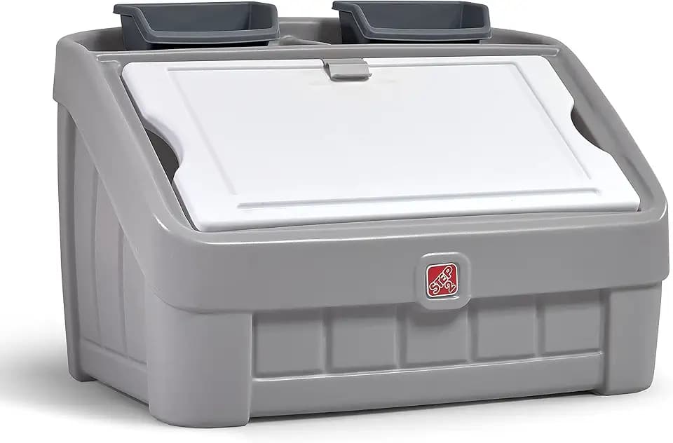 Step2 2-in-1 Toy Box & Art Lid, Kids Toy Storage Bin & Organizer, Easel & Chest in One, Made of Durable Plastic, For Toddlers 2+ Years Old, Gray