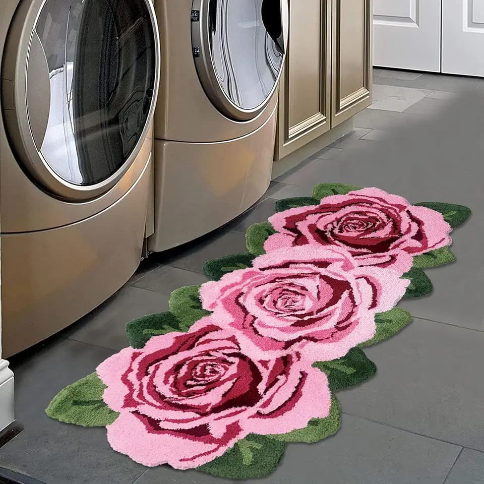 USTIDE Fluffy Rose Rug Pink Rose Floor Runner Nonslip Handmade Modern Carpets Washable Floor Runner Mats for Living Room, Laundry Room, Hallway, and Bathroom High Pile