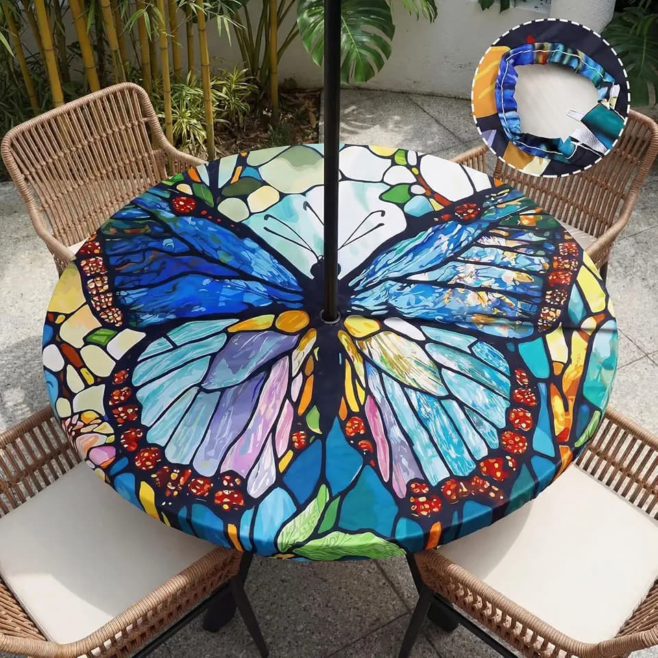 HunnmingRe Butterfly Round Tablecloth with Umbrella Hole, 45"-53"