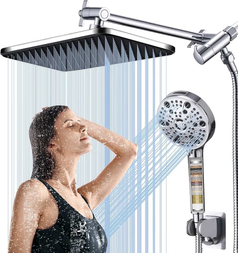 14‘’Large High Pressure Filtered Shower Head Combo-9 Spray Modes Handheld Showerhead with Filters,Dual Shower Heads ,70" Anti-Kink Hose ,11" Adjustable Extension Arm for couple Bathroom