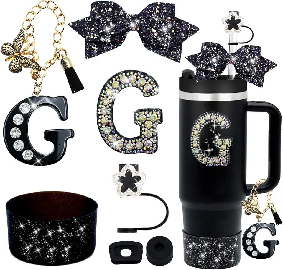 7PCS Black Stanley Cup Accessories Set For Stanley Cup 30oz 40oz,Including diamond Straw Topper,Letter Charm,Black Bow,Initials Sticker,Spill Proof Stopper,Silicone Boot(Black A) (Black G)
