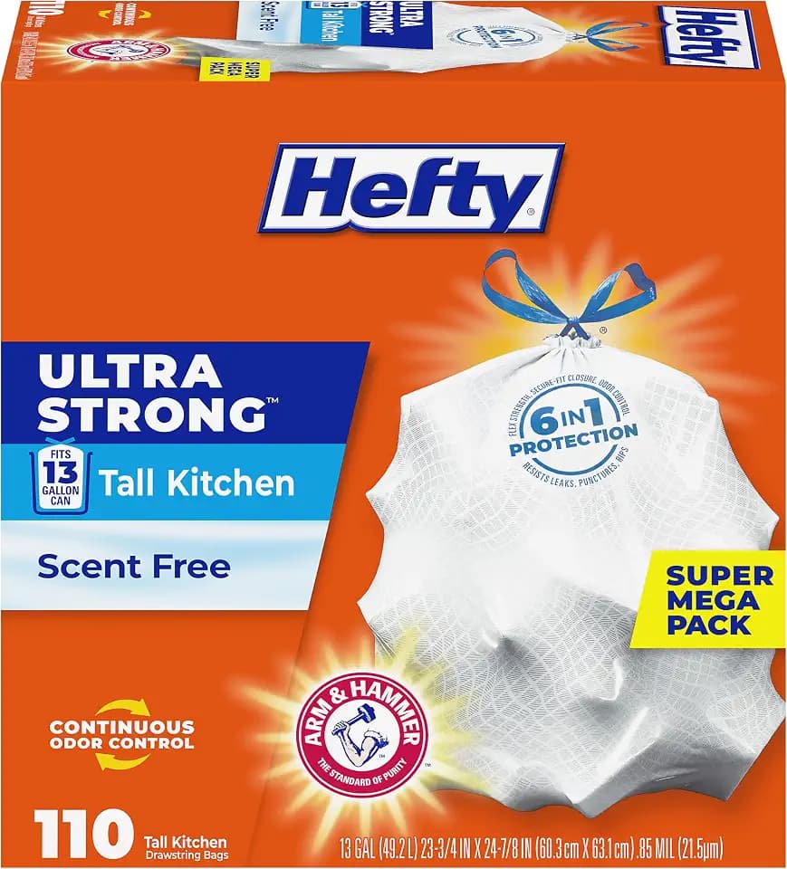 Hefty Ultra Strong 13 Gal Kitchen Trash Bags, White, Unscented, 110ct