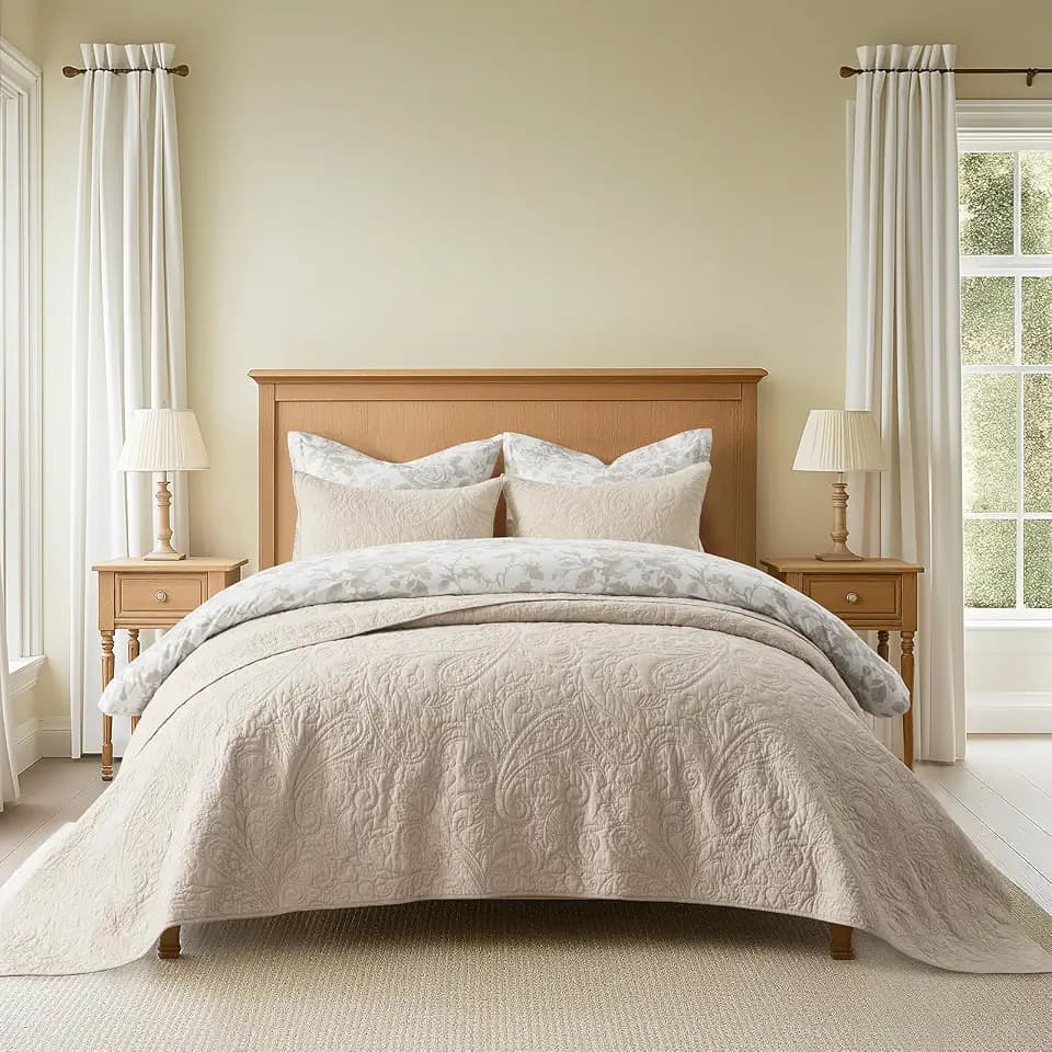 EVERGRACEHOME 100% Cotton Paisley Quilt Set, Oversized King, Flax Beige