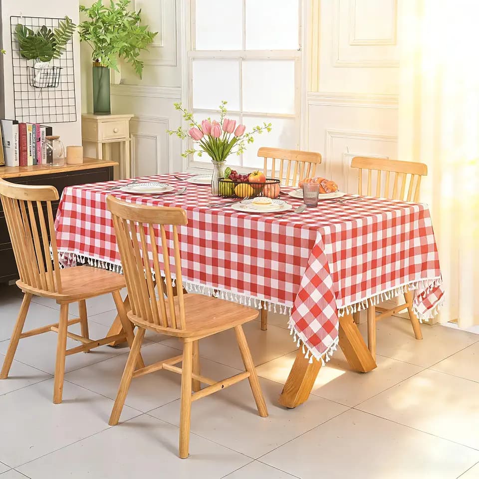 Fringe Checkered Tablecloth with Tassel 52x70 Inch Rectangular - Farmhouse Rustic Fabric Plaid Table Cloth, Waterproof Gingham Buffalo Table Cover for Small Kitchen Breakfast Nook