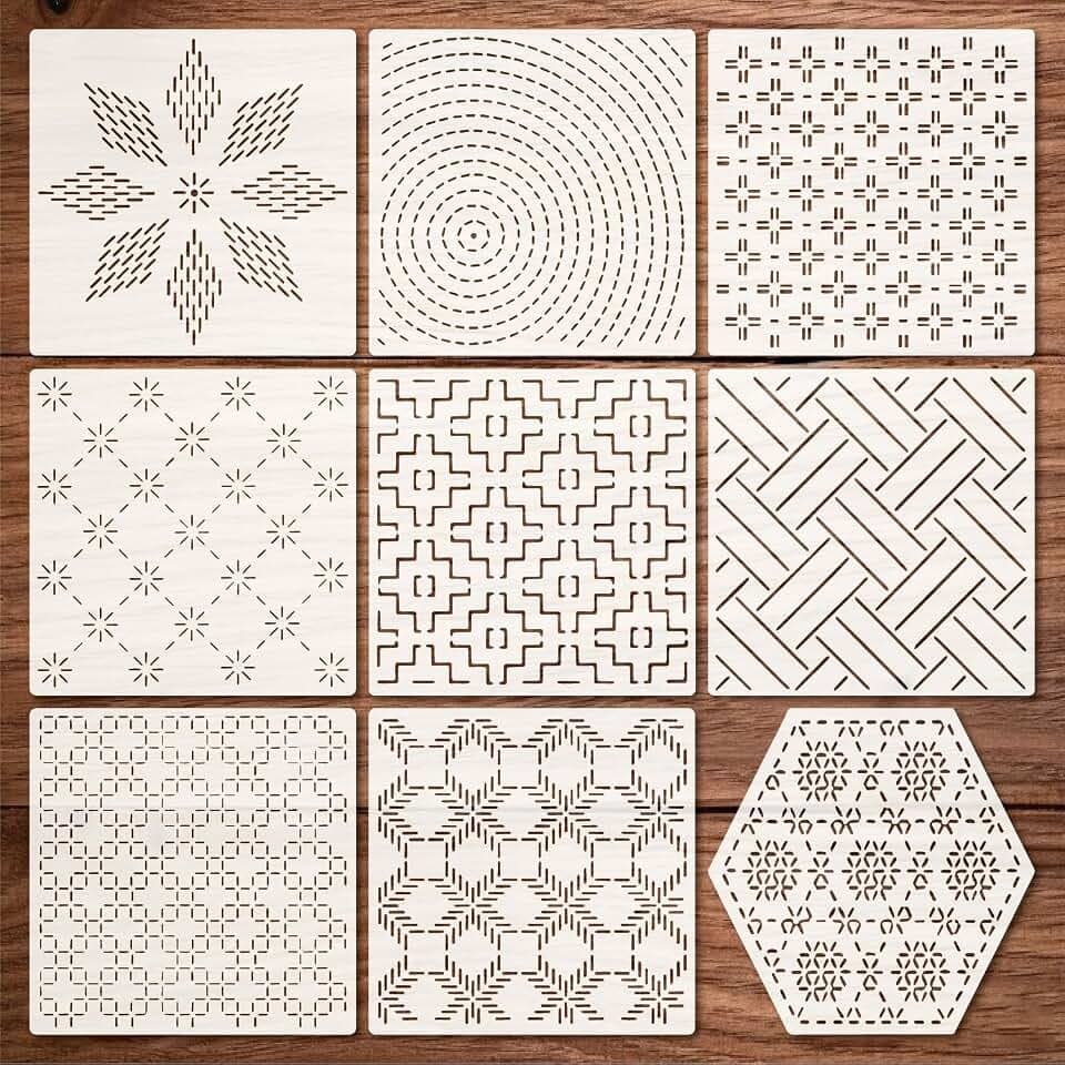 Stencils 9pcs Sashiko Stencil Reusable Plastic Templates 5.9 * 5.9 Inch Hand Quilting Stencils Embroidery Pattern Craft Paint Template Sewing