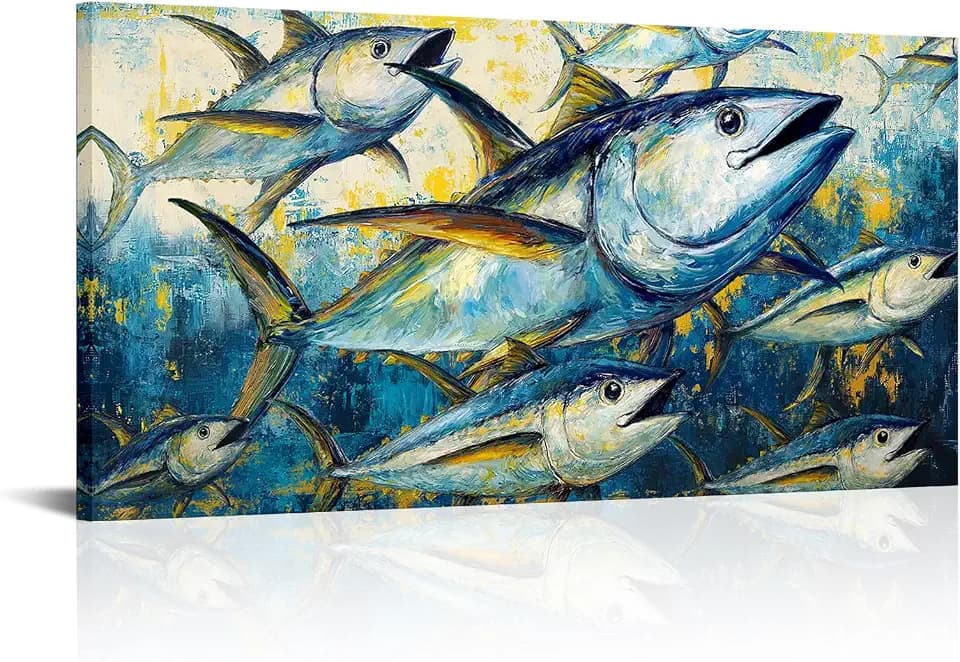 Kalormore Large 24x48 Inch Tuna Fish Canvas Wall Art Blue and Yellow Ocean School of Fish Painting for Modern Coastal Home Office Restaurant Decor Easy to Hang