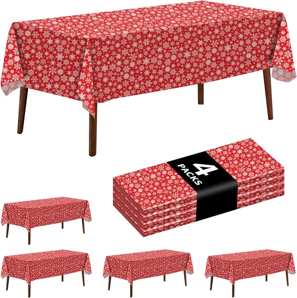 CXPSINC 4 Pack Disposable Snowflake Plastic Tablecloth - Christmas Table Cover for Party Decoration Supplies - 54 x 108 Inches Christmas Tablecloth (Red Snowflake)