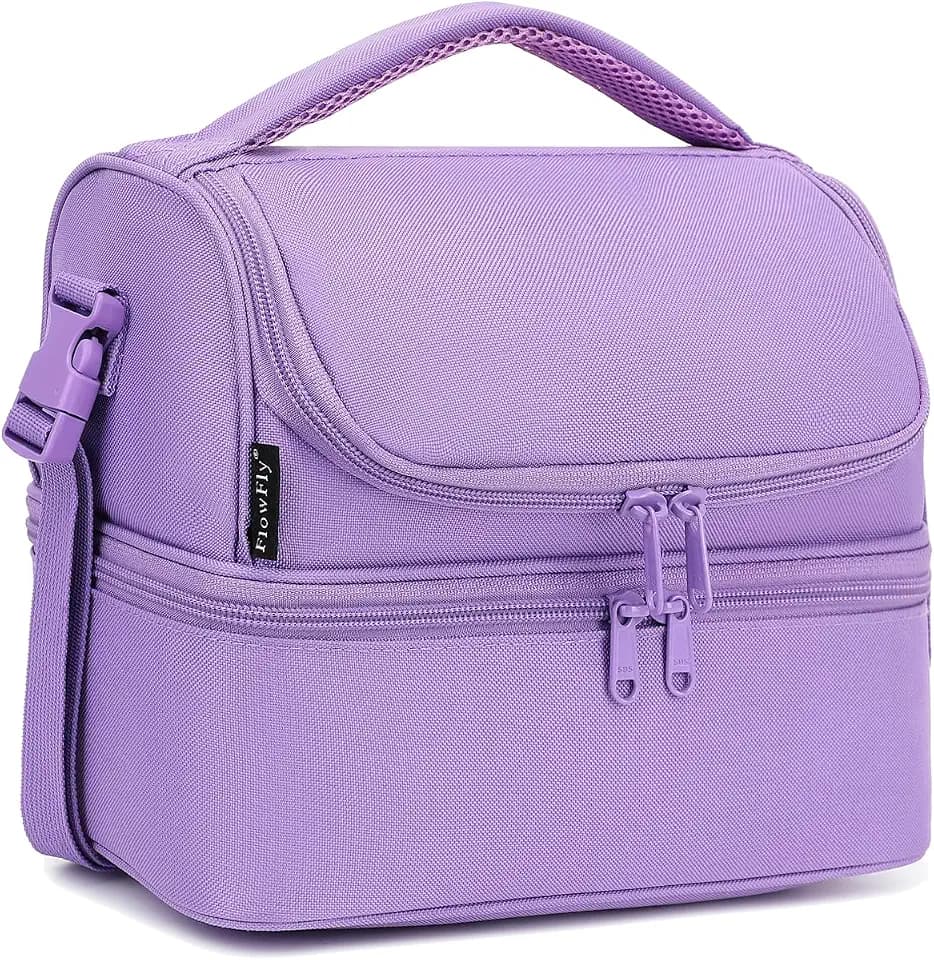 FlowFly Double Decker Cooler Insulated Lunch Bag Large Tote for Boys, Girls, Men, Women, with Adjustable Strap,Purple