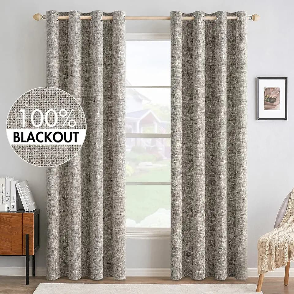 MIULEE 100% Blackout Linen Curtains for Bedroom 52x90 Inches Greige