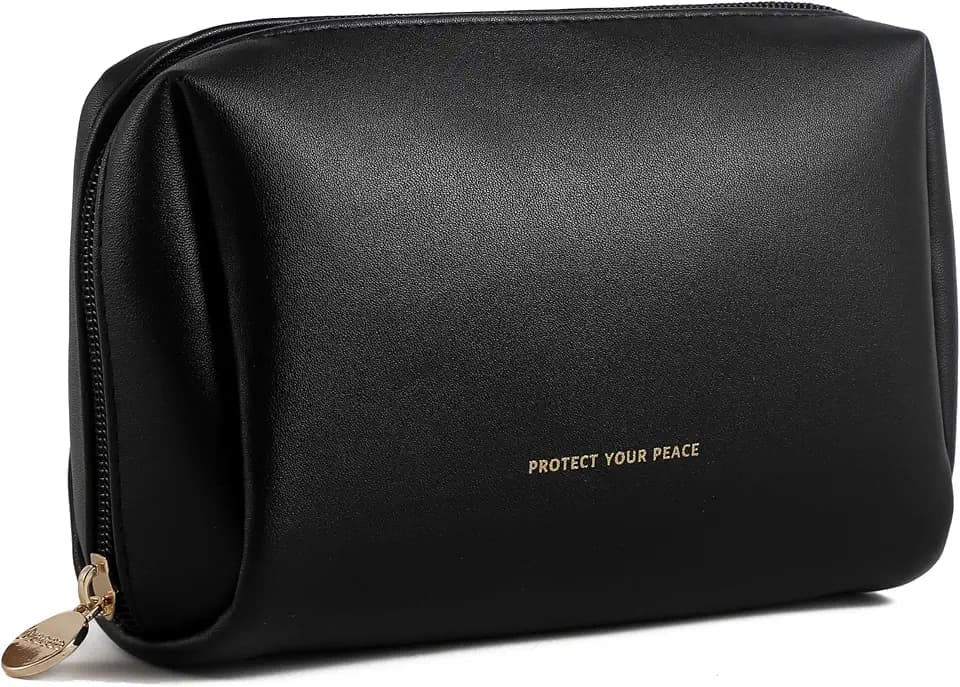 Aveniee Travel Makeup Bag Small, Vegan Leather Cosmetic Pouch for Purse, Wide-open Toiletry Organizer with Dividers & Zipper for Women-Black