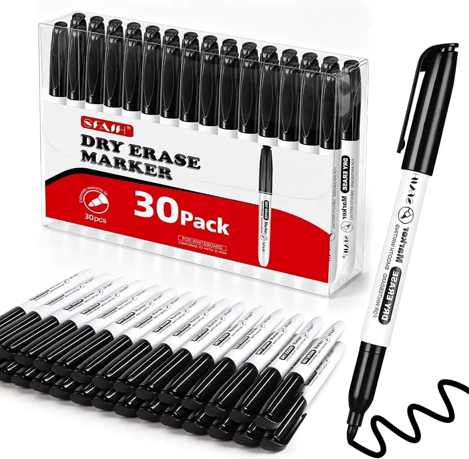SFAIH Fine Tip Dry Erase Markers, 30 Pack, Black, Low Odor, Non-Toxic