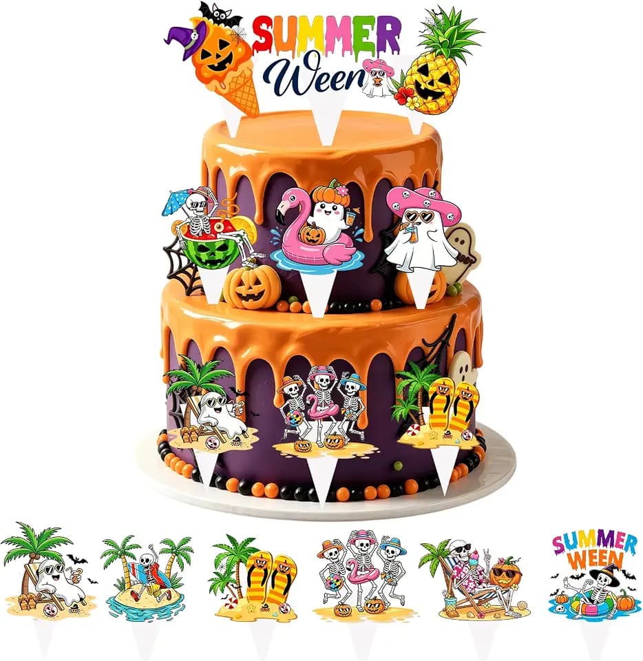 48PCS Summerween Spooky Cake Toppers Happy Spooky Summer Cake Decoration Cute Fruit Flamingo Pumpkin Little Boo Ghost Skull Cake Decorations for Summer Halloween Pool Birthday Party Supplies