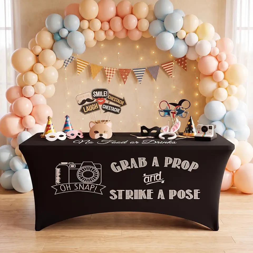 Oudain Photo Booth Tablecloth Strike A Pose Black Stretch Table Cover