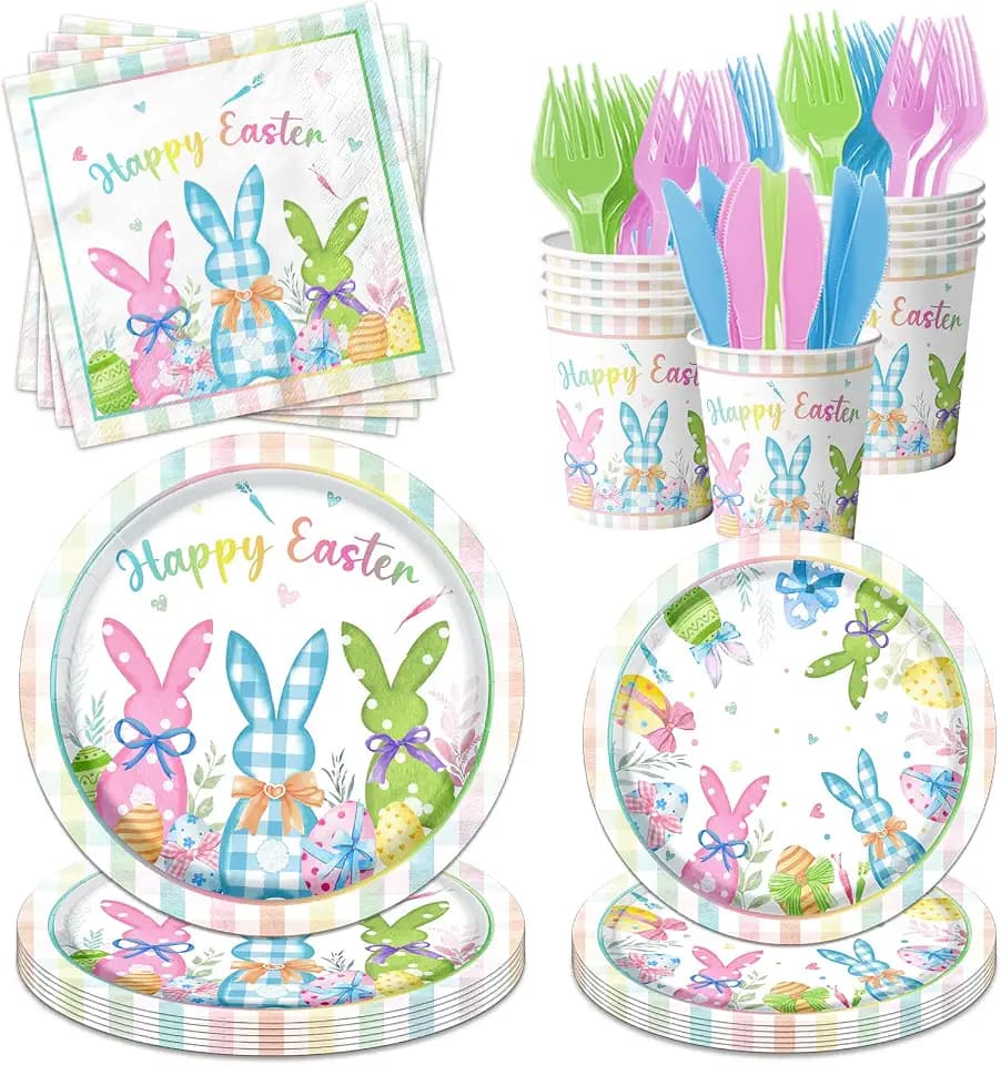 Happy Easter Plates and Napkins 168pcs Easter Party Supplies Tableware Set Easter Bunny Paper Plates and Napkins Cups for Spring Themed Easter Birthday Party,Serves 24