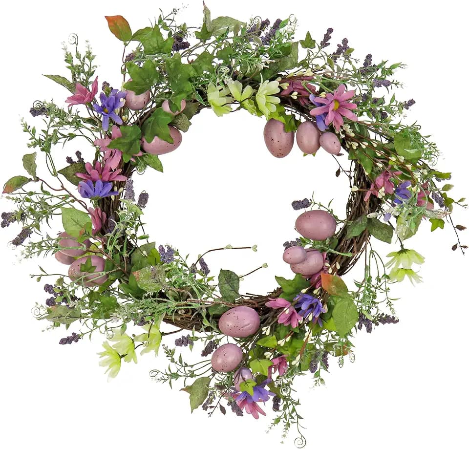 National Tree Company Artificial Spring Wreath, Woven Branch Base, Decorated with Purple Pastel Eggs, Pink Flowers, Leafy Greens, Easter Collection, 22 Inches