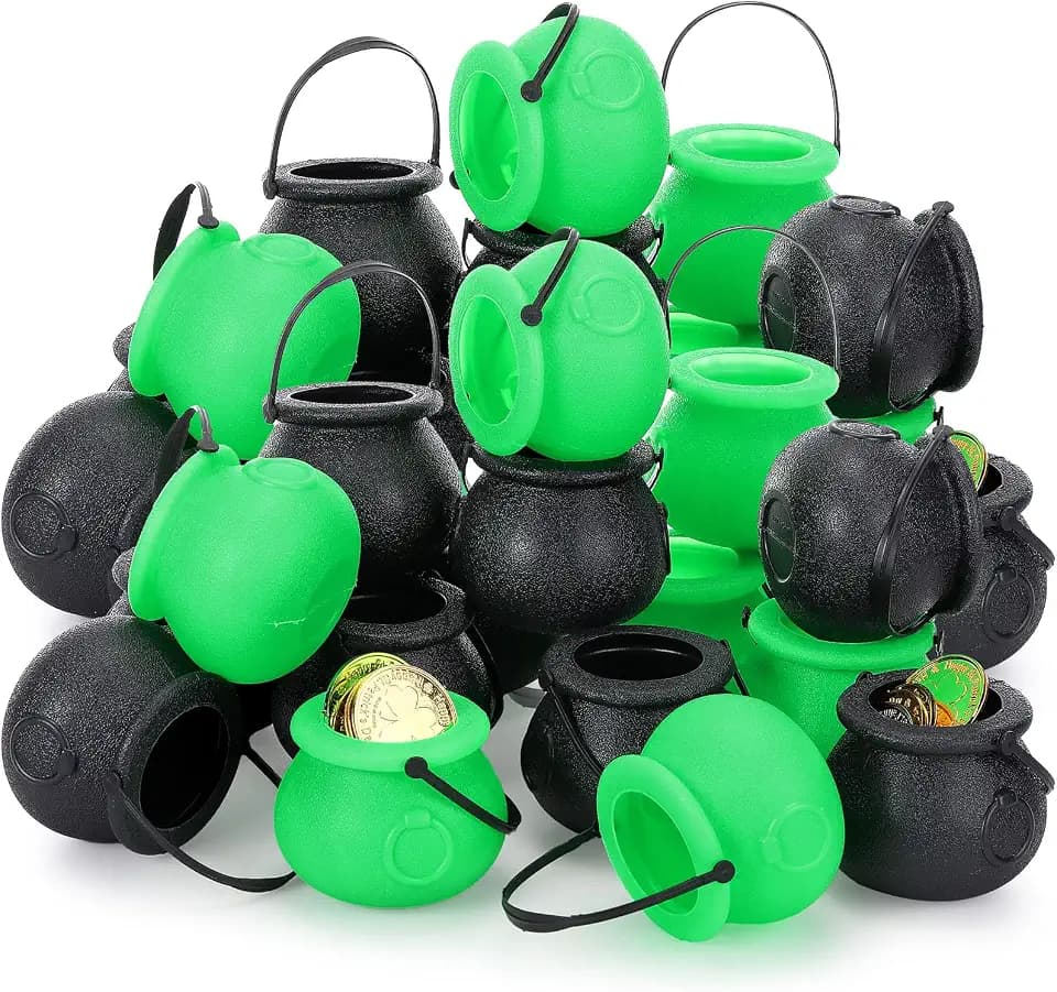 Yunsailing 30 Pcs St. Patrick's Day Plastic Cauldron, Mini Black Witch Cauldron with Handle, Black Green Candy Coins Bucket for Wizard Party, Halloween, Irish Party decoration Favors