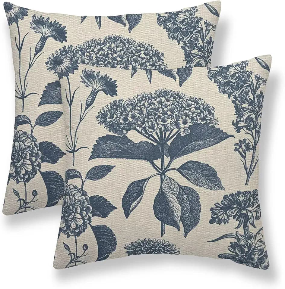 Navy Blue Floral Pillow Covers 16 x 16 Inch Set of 2 Vintage Hydrangea Herbs Botanical Decorative Throw Pillow Covers Linen Square Vintage Outdoor Flower Decor Pillowcase for Home Couch Sofa
