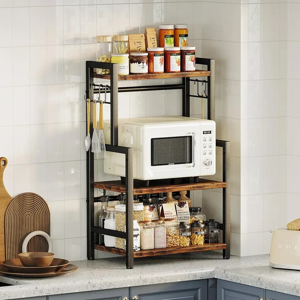 Kitchen Countertop Organizer,3 Tier Large Spice Rack Organizer with Adjustable Shelf and 5 Hooks,Wooden Counter Organizer,Space Saving Countertop Shelf Microwave Stand for Kitchen,Bathroom,Coffee Bar