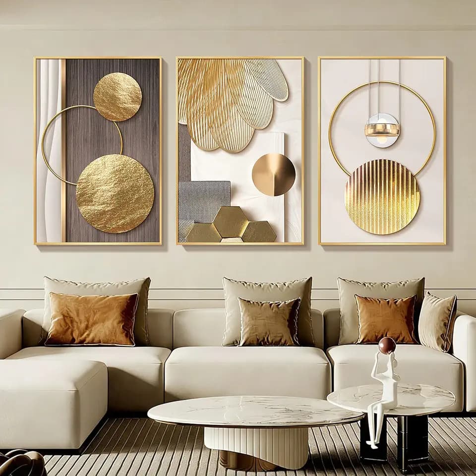 Azartslr Large Framed Modern Rose Gold Wall Art, Luxury 3 Pieces Aluminum Alloy Wall Decor for Living Room, Abstract Gold and Beige Home Bedroom Art Painting, Geometric Crystal Porcelain Artwork Dining Room Pictures Decoration 16x24in