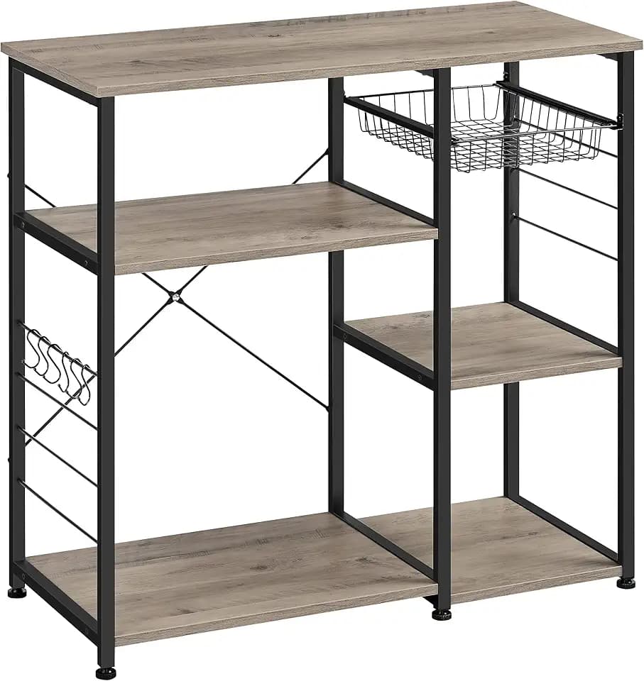 VASAGLE Kitchen Baker’s Rack, Steel Frame, Wire Basket, 6 Hooks