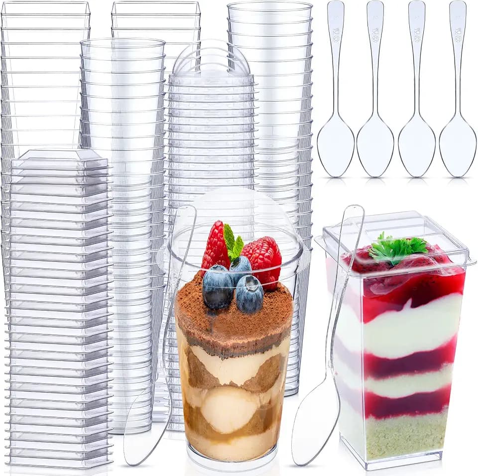 Nuogo 100 Pack 3 oz Mini Dessert Cups with Lids and Spoons Clear Plastic