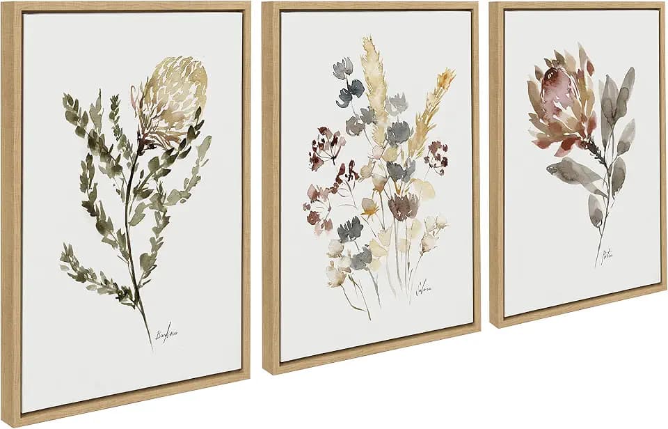 Kate and Laurel Sylvie Wild Banksia; Wild Salvia and Wild King Protea Framed Canvas Wall Art Set by Sara Berrenson; 3 Piece 18x24 Natural; Wildflower Art Set of 3 Wall Décor