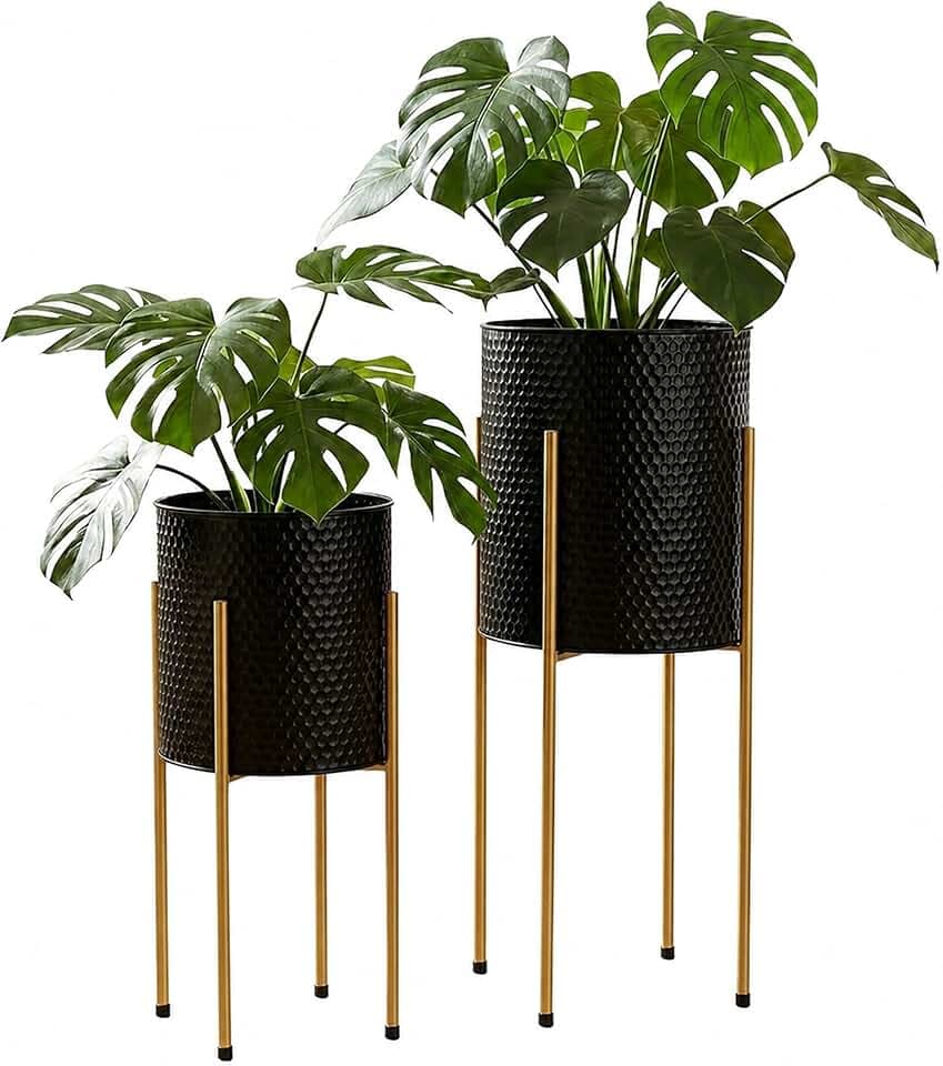 Relaxdays Blumenständer 2er Set, Metall, 2 Größen, Gestell, schwarz/gold