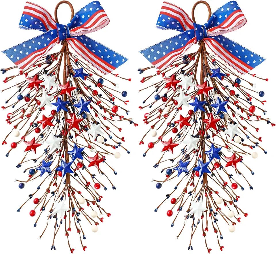 Suncalla 2 Pcs 24'' 4th of July Decorations Patriotic Wreath for Front Door Teardrop Swag Red White Blue 250th Anniversary Artificial Five Star Berry Branch Independence Memorial Day Window Wall Decor