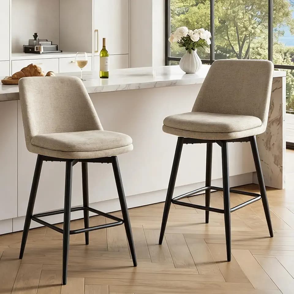 30" Bar Height Stools Set of 2,Swivel Upholstered Bar Stools with Back,Metal Base Barstools for Kitchen Island, Home Bar, Dining Room & Breakfast Nook,Khaki